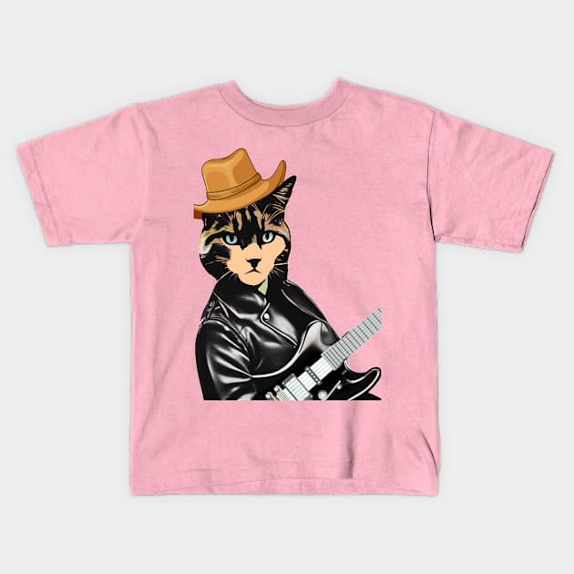 Kiki the Guitar Cat Kids T-Shirt by Kishu